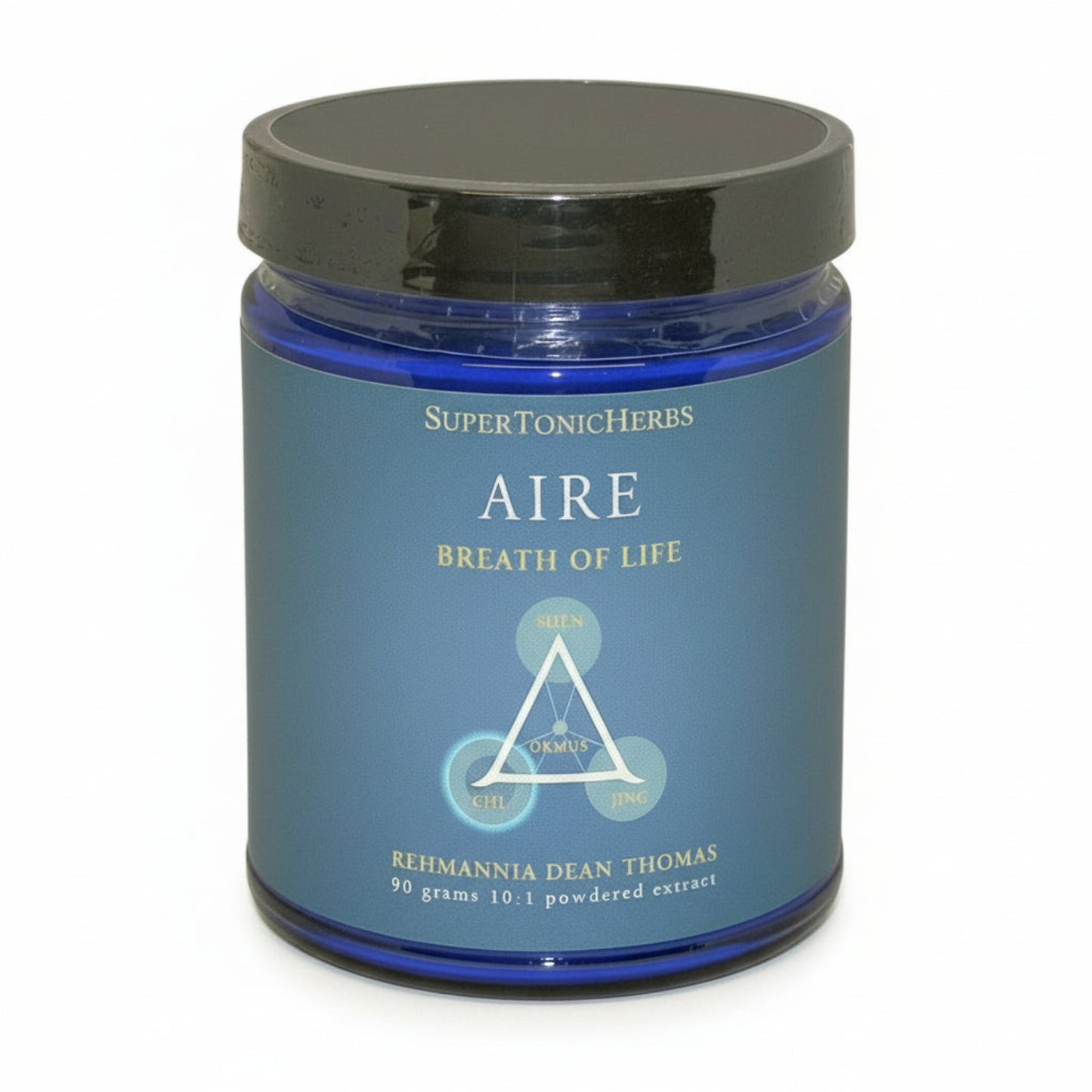 blue jar of SuperTonicHerbs Air, Breath of Life, Triange with ORMUS in middle and corners saying Shen, Chi and Jing, Rehmannia Dean Thomas, 90g, 10:1 powdered extract