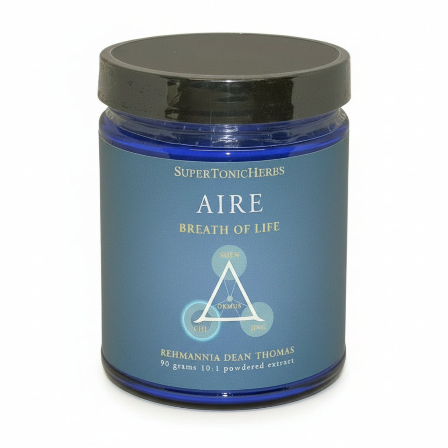 blue jar of SuperTonicHerbs Air, Breath of Life, Triange with ORMUS in middle and corners saying Shen, Chi and Jing, Rehmannia Dean Thomas, 90g, 10:1 powdered extract
