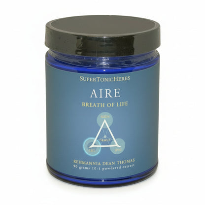 blue jar of SuperTonicHerbs Air, Breath of Life, Triange with ORMUS in middle and corners saying Shen, Chi and Jing, Rehmannia Dean Thomas, 90g, 10:1 powdered extract