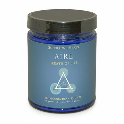 blue jar of SuperTonicHerbs Air, Breath of Life, Triange with ORMUS in middle and corners saying Shen, Chi and Jing, Rehmannia Dean Thomas, 90g, 10:1 powdered extract