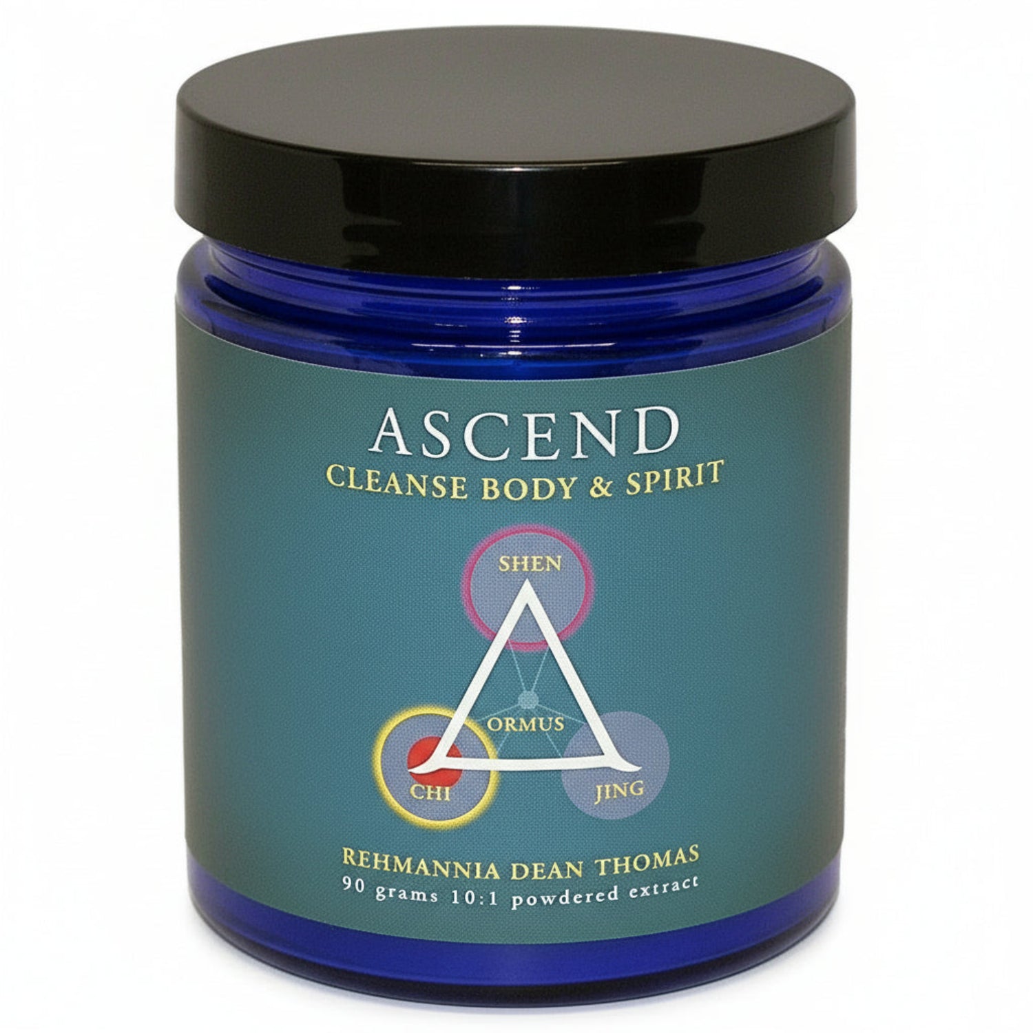 blue jar with black lid, blue/green label, ASCEND, CLEANSE BODY & SPIRIT, triangle with ORMUS inside and these words at corners: SHEN, CHI, JING. REHMANNIA DEAN THOMAS, 90 grams, 10:1 powdered extract
