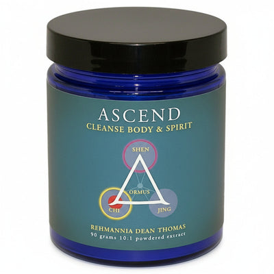 blue jar with black lid, blue/green label, ASCEND, CLEANSE BODY & SPIRIT, triangle with ORMUS inside and these words at corners: SHEN, CHI, JING. REHMANNIA DEAN THOMAS, 90 grams, 10:1 powdered extract
