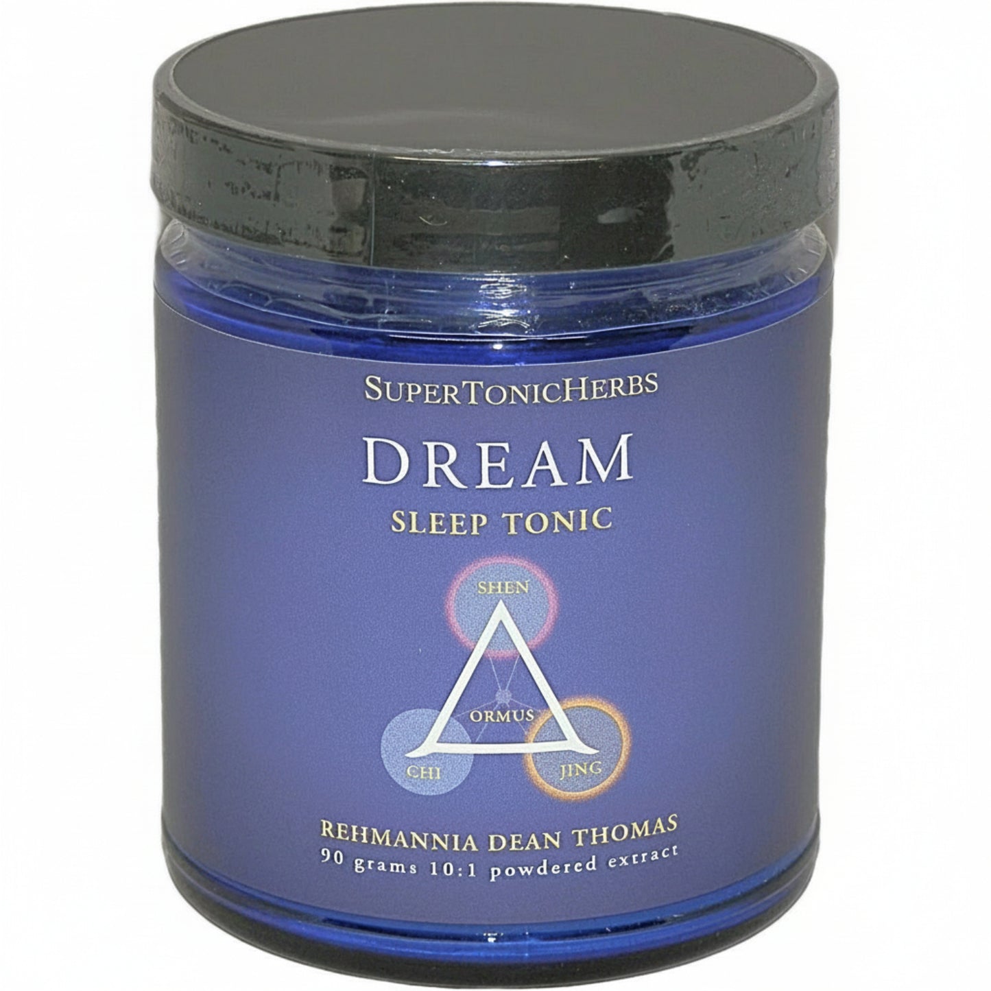 blue jar with blue label showing SuperTonicHerbs Dream Sleep Tonic on a white background