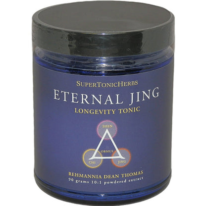 Blue jar of Eternal Jing Longevity Tonic with black lid on a white background