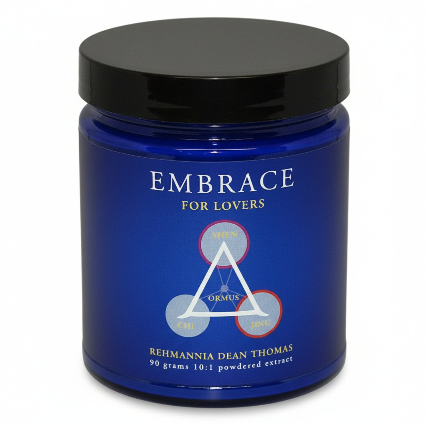 Blue container labeled 'Embrace for Lovers' with a black lid on a white background