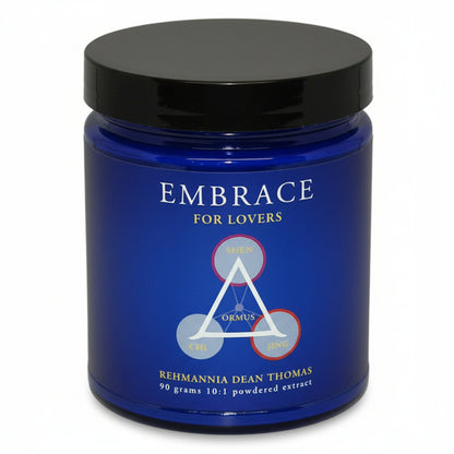 Blue container labeled 'Embrace for Lovers' with a black lid on a white background