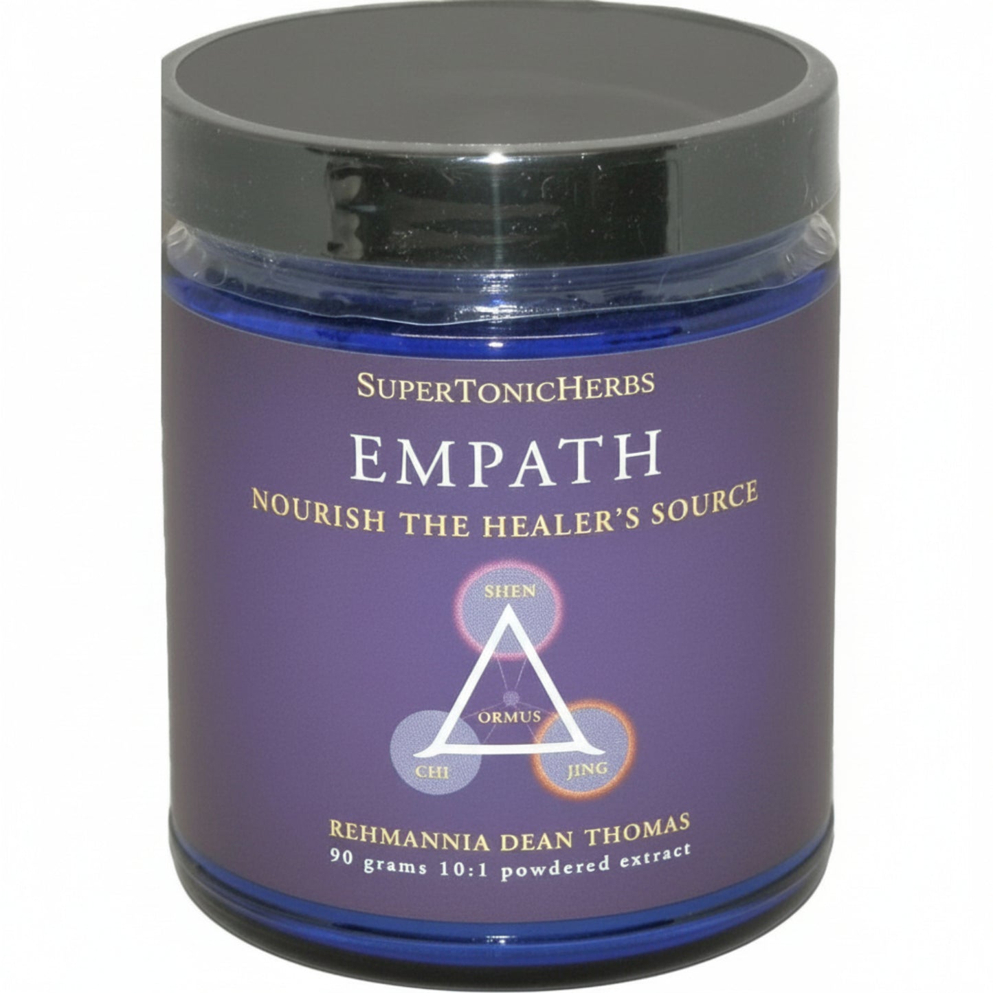 blue jar with purple label 'SuperTonicHerbs Empath' on a white background
