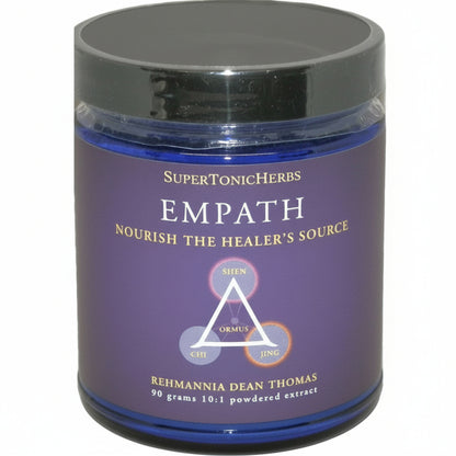blue jar with purple label 'SuperTonicHerbs Empath' on a white background
