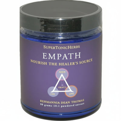 blue jar with purple label 'SuperTonicHerbs Empath' on a white background