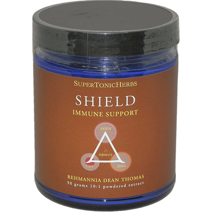 Jar of SuperTonicHerbs Shield immune support supplement on a white background