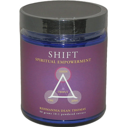 Jar labeled 'Shift Spiritual Empowerment' with purple label and black lid on white background