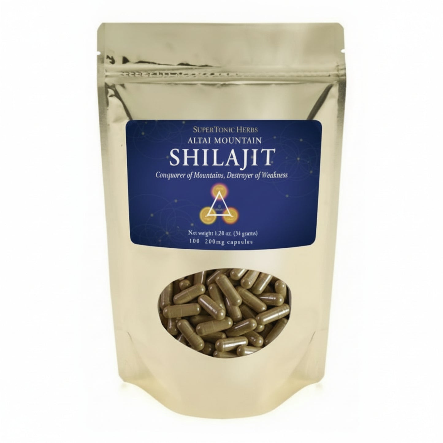 Shilajit capsules in a beige pouch with a blue label on a white background