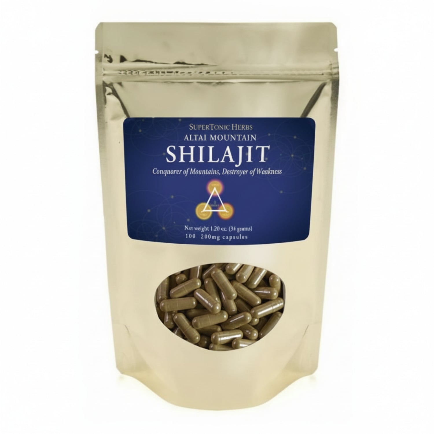 Shilajit capsules in a beige pouch with a blue label on a white background