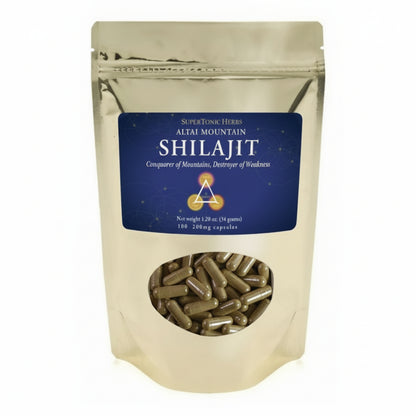 Shilajit capsules in a beige pouch with a blue label on a white background