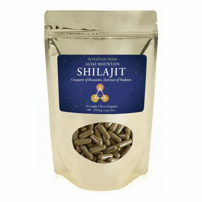 Shilajit capsules in a beige pouch with a blue label on a white background