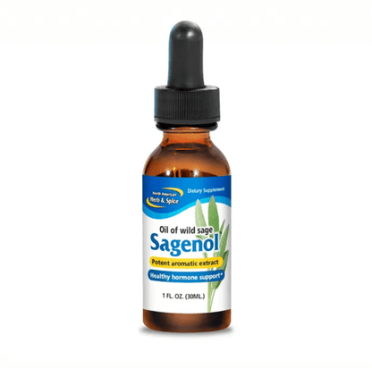 Bottle of Wild Sage Oil Sagenol from North American Herb & Spice, 1 FL. OZ, dietary supplement for healthy hormone support.