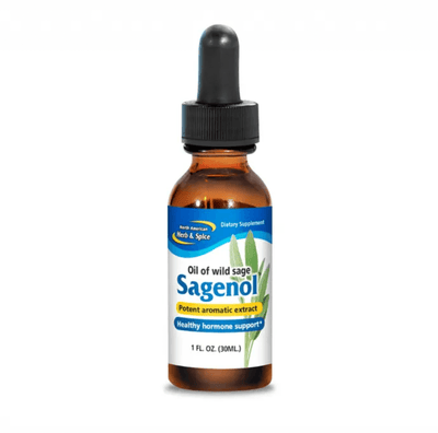 Bottle of Wild Sage Oil Sagenol from North American Herb & Spice, 1 FL. OZ, dietary supplement for healthy hormone support.