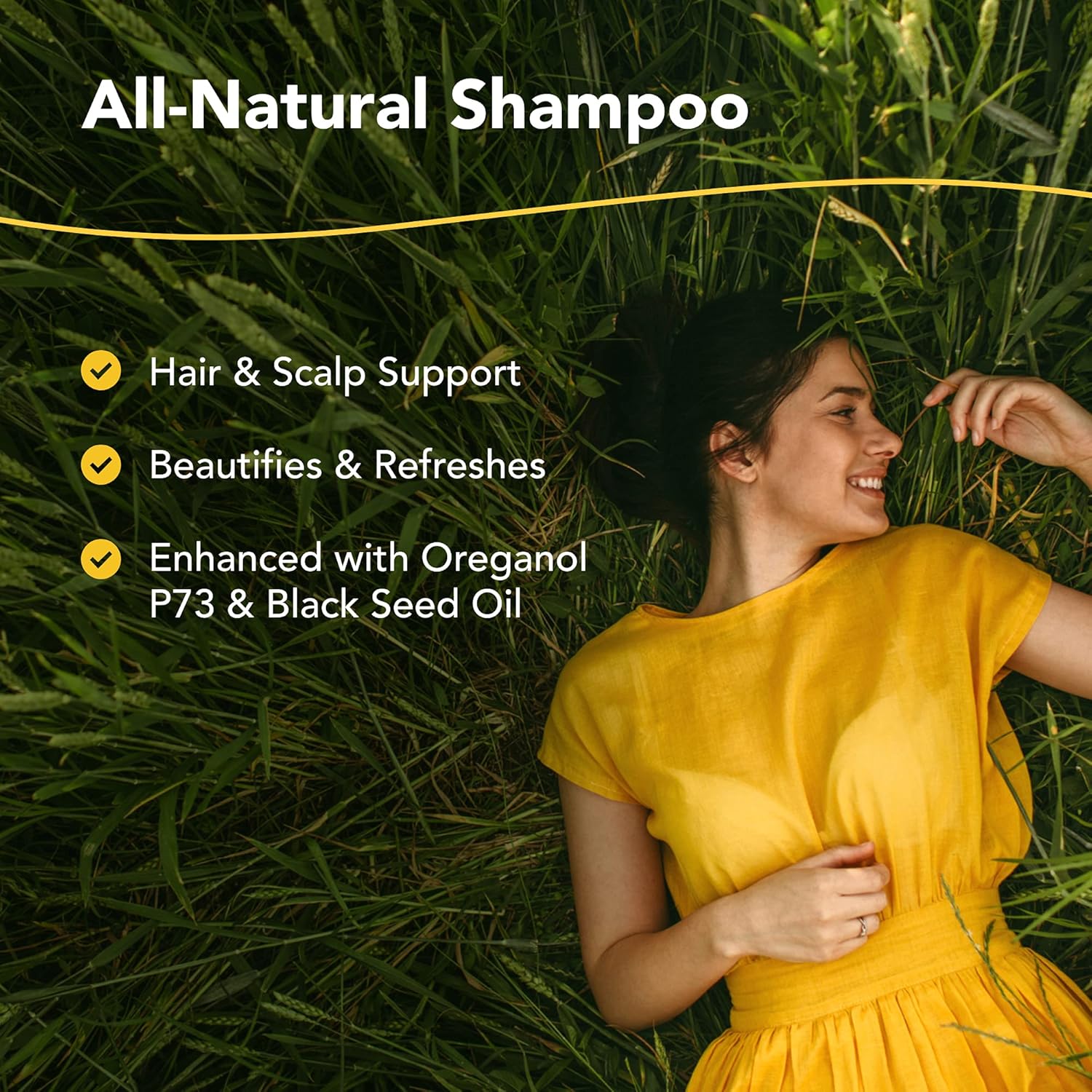 Woman in a yellow dress lying in grass with all-natural shampoo product details.