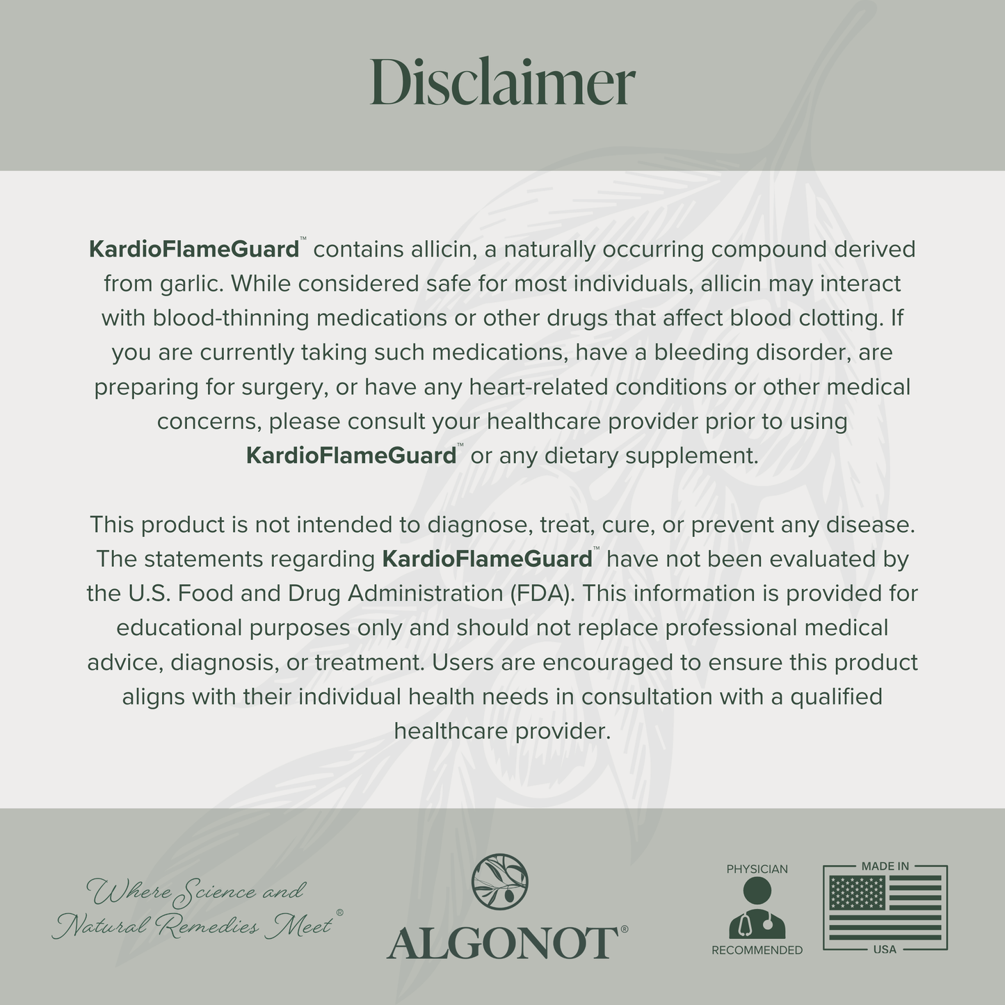 Disclaimer regarding Kardio Flame Guard, a cardiovascular health supplement and its potential interactions.