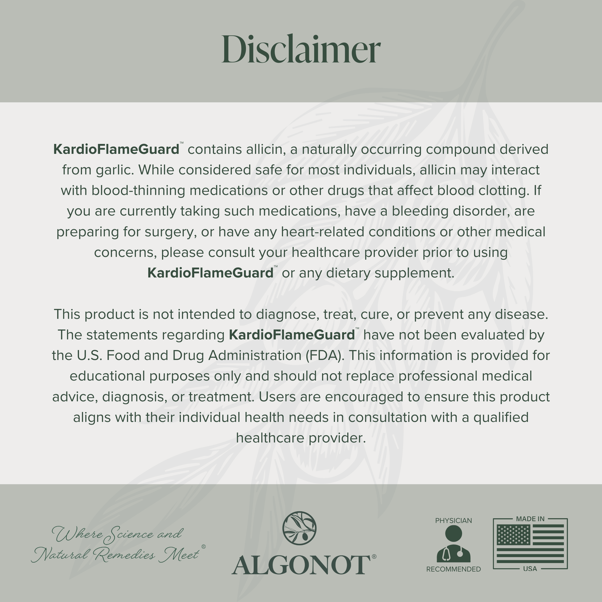 Disclaimer regarding Kardio Flame Guard, a cardiovascular health supplement and its potential interactions.