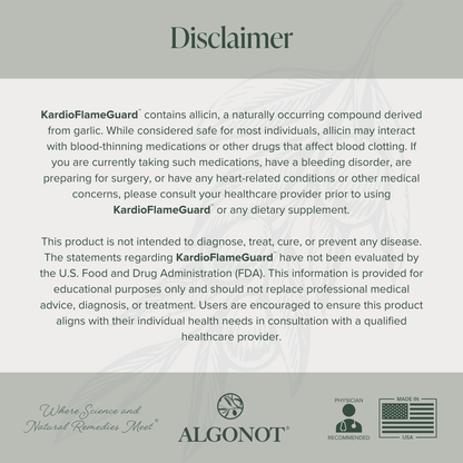 Disclaimer regarding Kardio Flame Guard, a cardiovascular health supplement and its potential interactions.