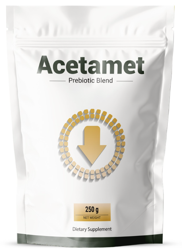 Acetamet Prebiotic for Microbiome Balance in a 250 g dietary supplement pouch with a downward arrow symbol.
