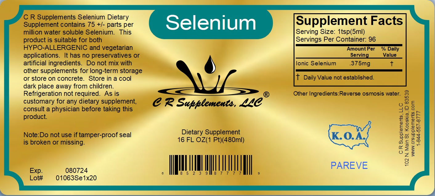 Selenium Ionic Liquid Mineral Supplement label featuring antioxidant and thyroid health information.