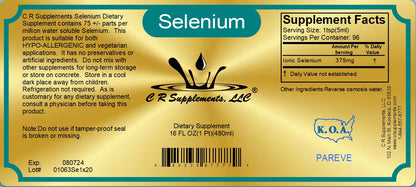 Selenium Ionic Liquid Mineral Supplement label featuring antioxidant and thyroid health information.