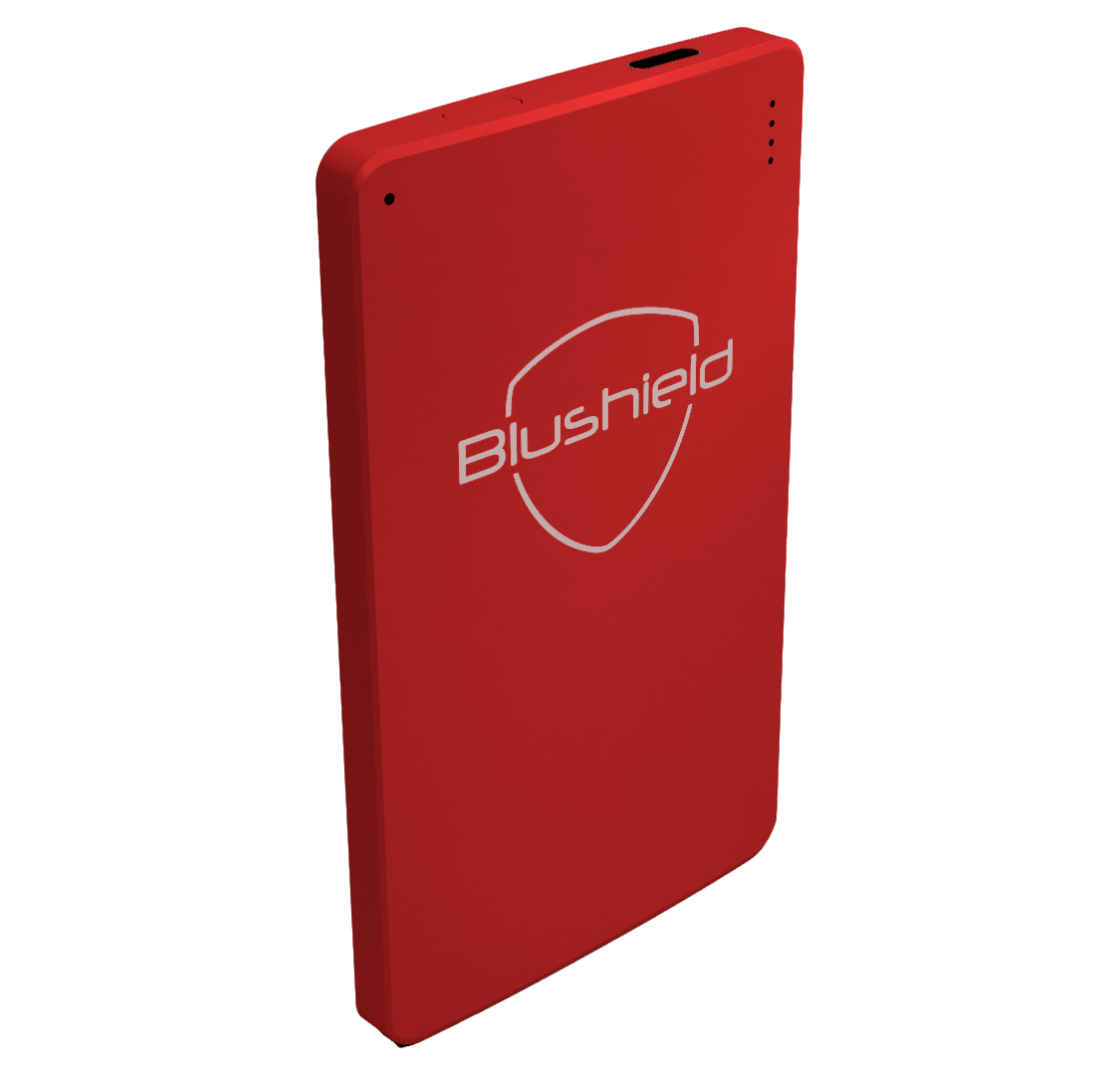Red rectangular device with 'Blushield' logo on a white background