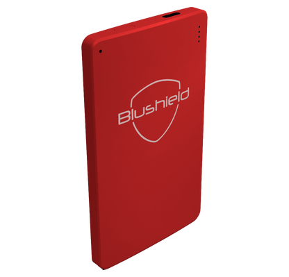 Red rectangular device with 'Blushield' logo on a white background