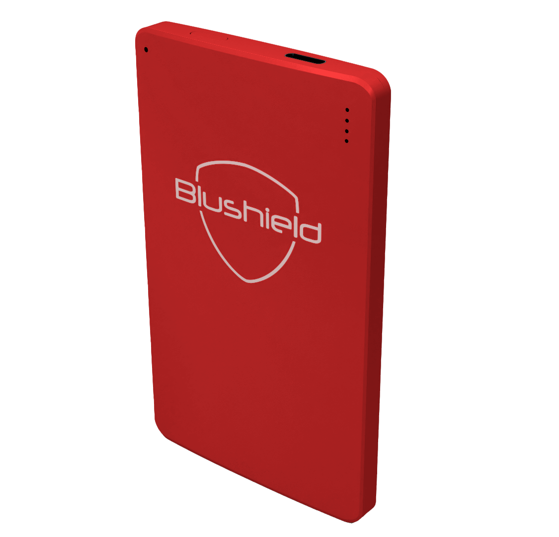 Red power bank with 'Blushield' logo on a white background