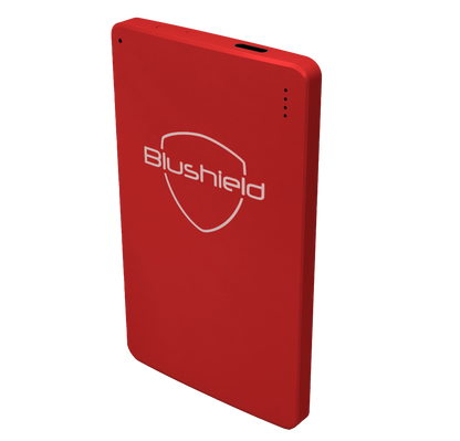 Red power bank with 'Blushield' logo on a white background