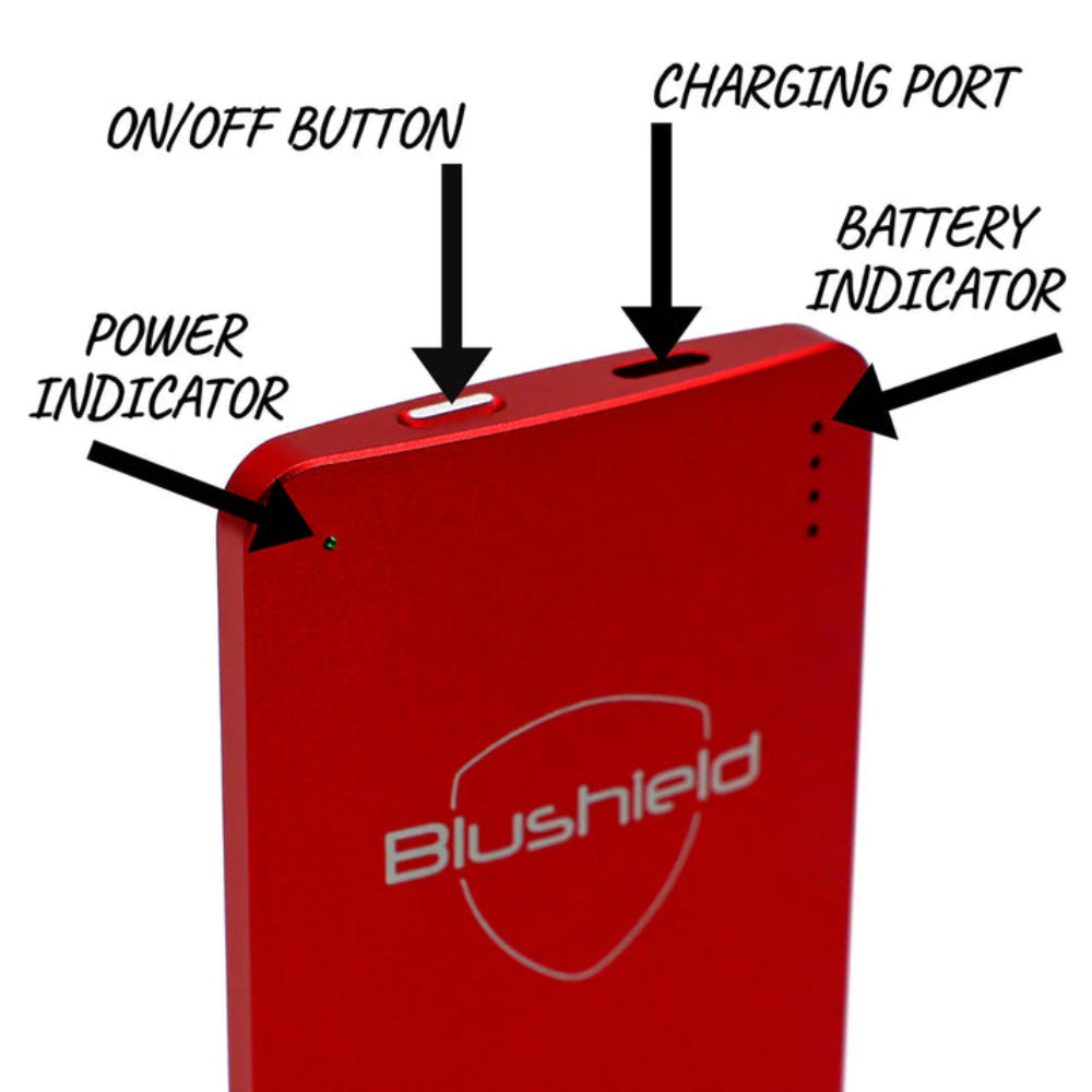 Red electronic device with labeled components on a white background