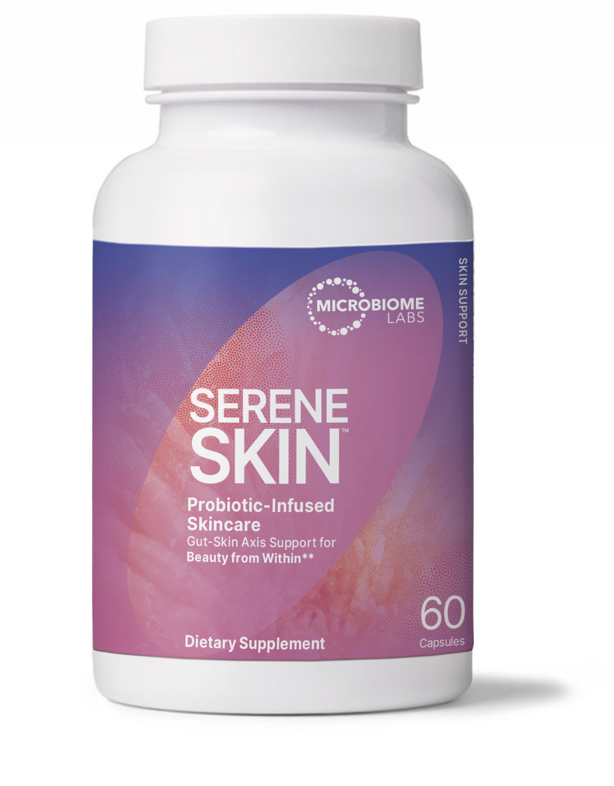 Serene Skin Gut-Skin Axis Probiotics dietary supplement bottle by Microbiome Labs.