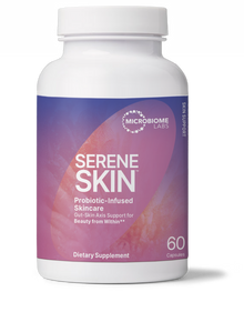 Serene Skin Gut-Skin Axis Probiotics dietary supplement bottle by Microbiome Labs.