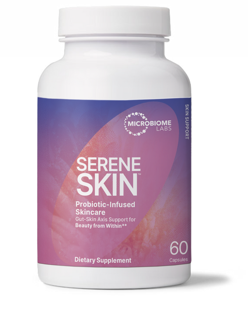 Serene Skin Gut-Skin Axis Probiotics dietary supplement bottle by Microbiome Labs.
