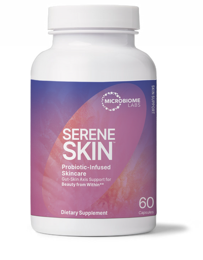 Serene Skin Gut-Skin Axis Probiotics dietary supplement bottle by Microbiome Labs.