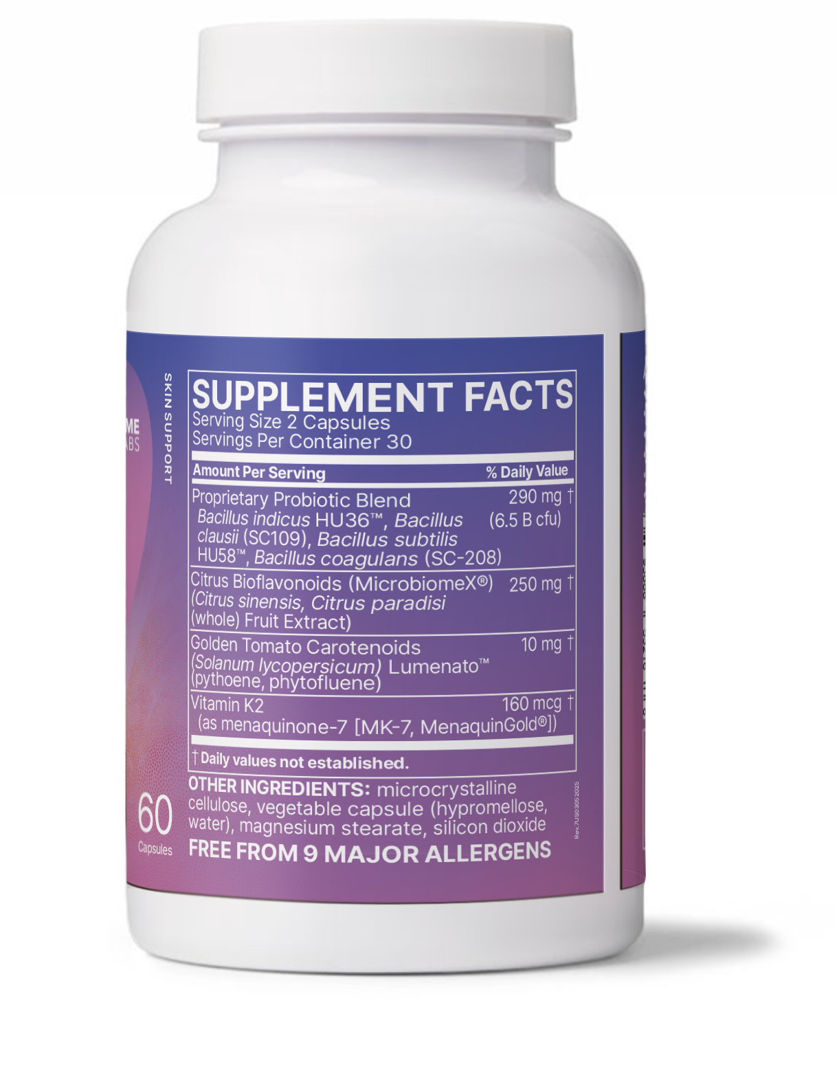 Supplement facts label for Serene Skin Gut-Skin Axis Probiotics bottle, displaying ingredients and nutritional information.