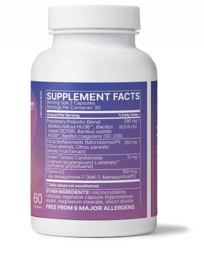 Supplement facts label for Serene Skin Gut-Skin Axis Probiotics bottle, displaying ingredients and nutritional information.