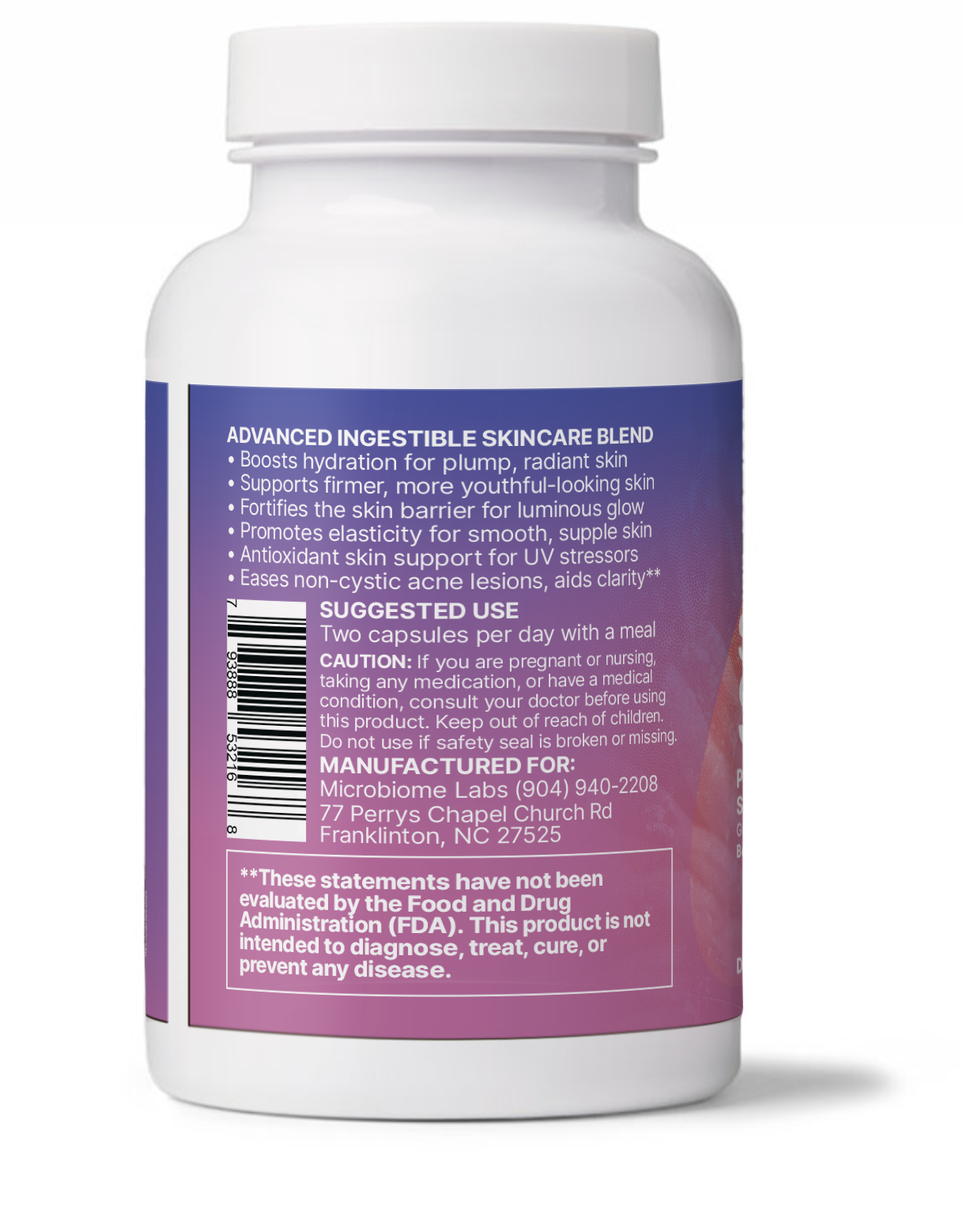 Serene Skin supplement bottle showcasing advanced ingestible skincare blend details.