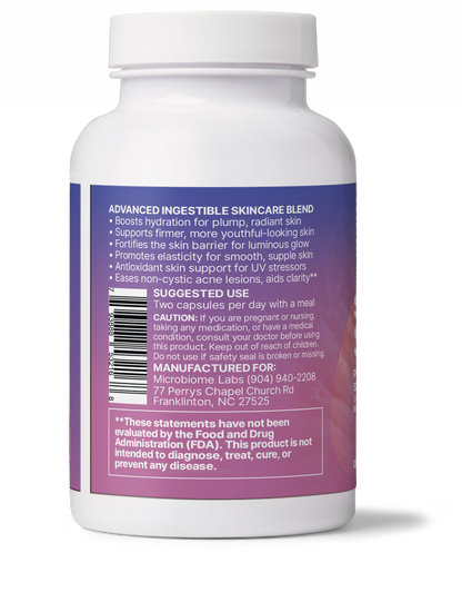 Serene Skin supplement bottle showcasing advanced ingestible skincare blend details.