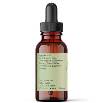 Brown glass dropper bottle with a label on a white background