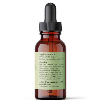 Bottle with dropper and supplement facts label on a white background