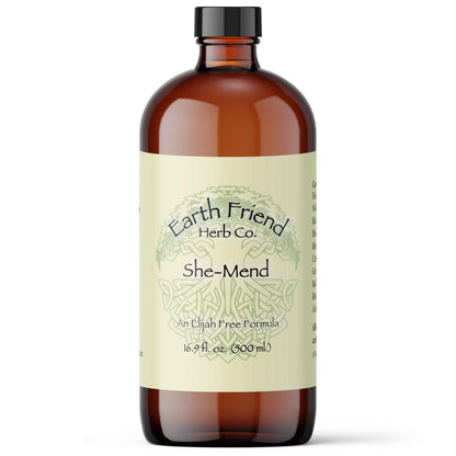 Brown bottle of Earth Friend Herb Co. She-Mend on a white background