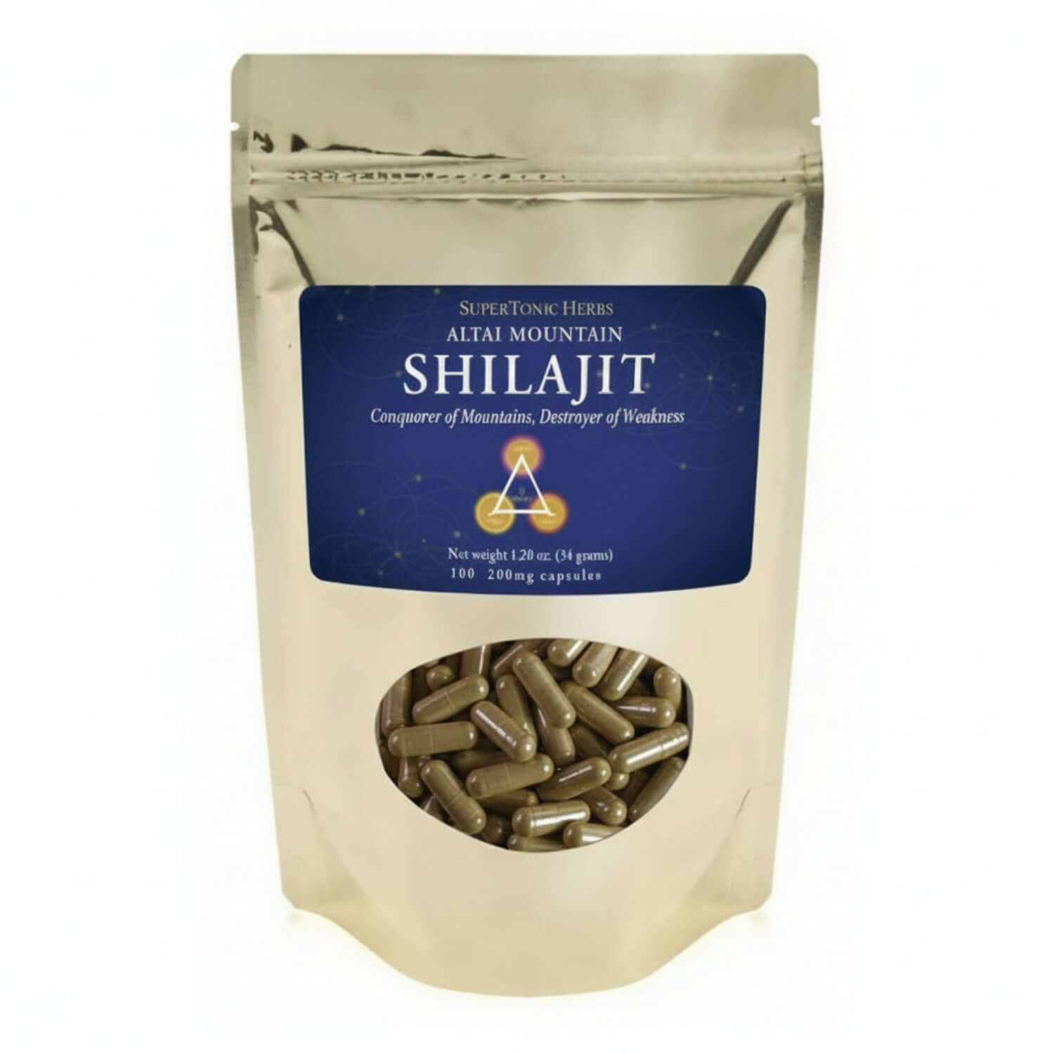 SuperTonicHerbs Shilajit capsules, promotes health of body mind and spirit, sourced from Altai Mountains.
