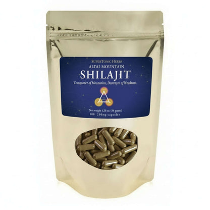 SuperTonicHerbs Shilajit capsules, promotes health of body mind and spirit, sourced from Altai Mountains.