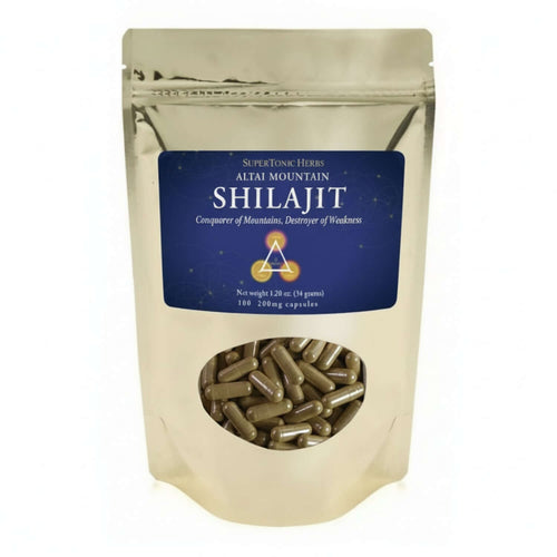 SuperTonicHerbs Shilajit capsules, promotes health of body mind and spirit, sourced from Altai Mountains.