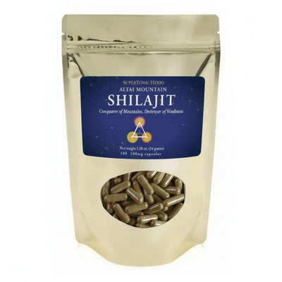 SuperTonicHerbs Shilajit capsules, promotes health of body mind and spirit, sourced from Altai Mountains.