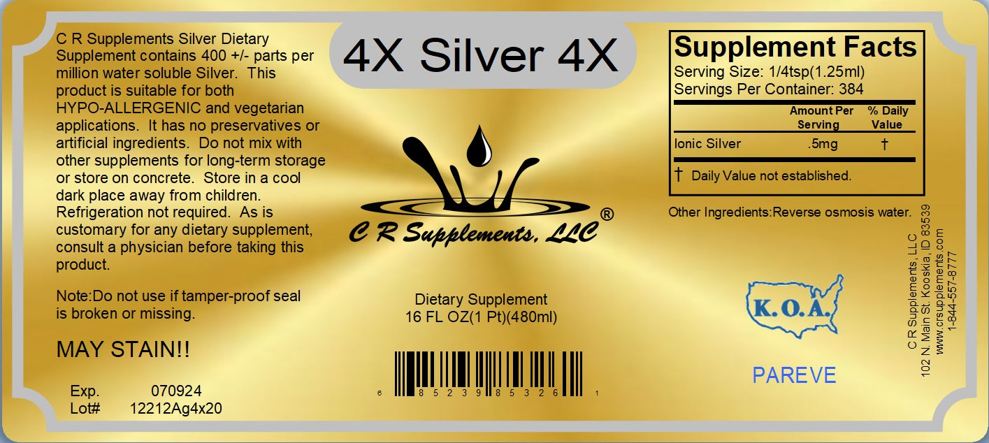 4X Silver 4X Ionic Liquid Mineral Supplement Facts label highlighting immune support and dietary supplement information.