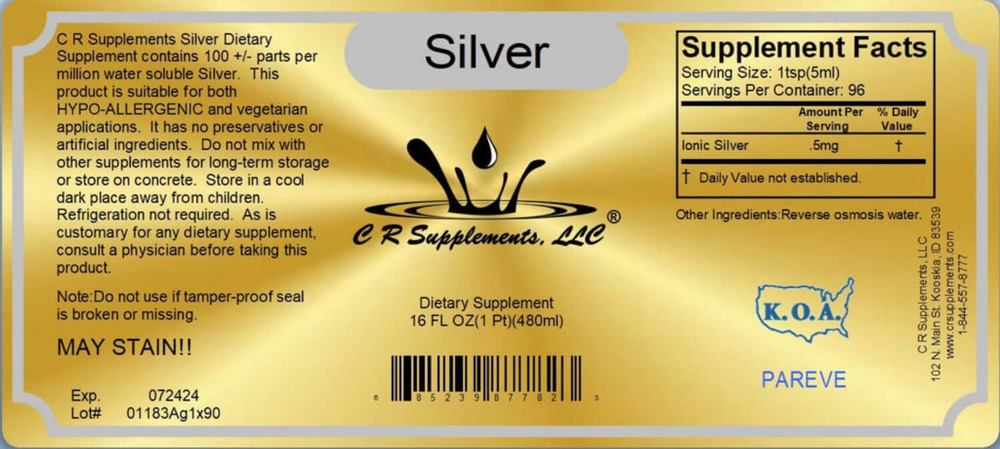 Silver - Ionic Liquid Mineral Supplement label and supplement facts for immune support and systemic purity.